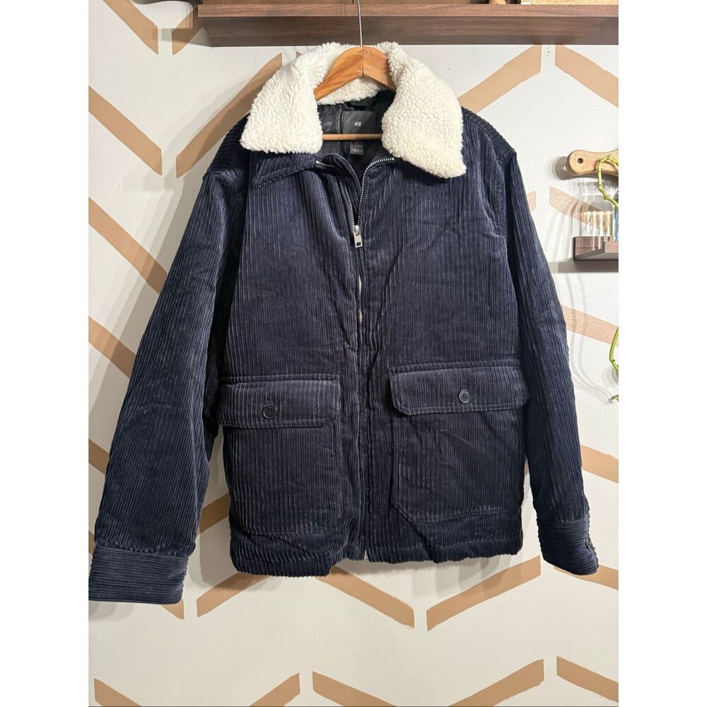 H&M Navy Blue White Faux Shearling Detachable Collar Corduroy‎ Jacket Size Large
